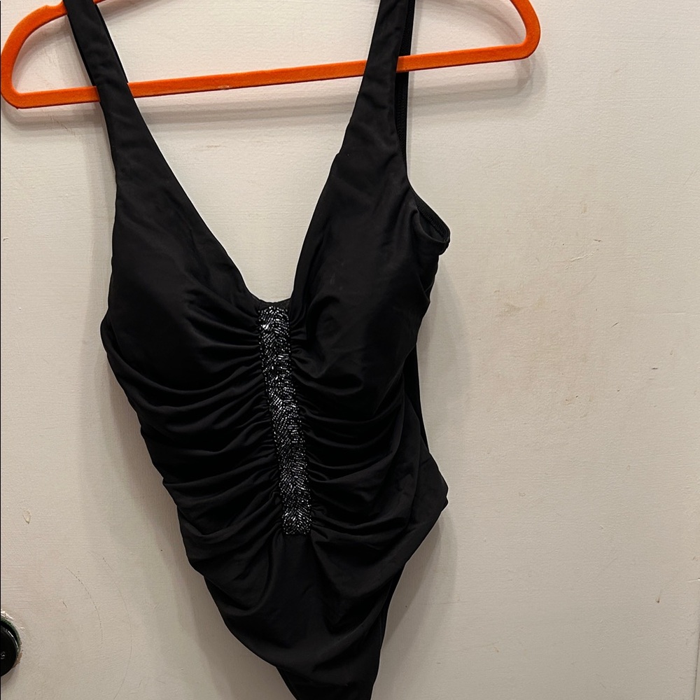 Miraclesuit Black Ruched One-Piece with Center Bead Trim